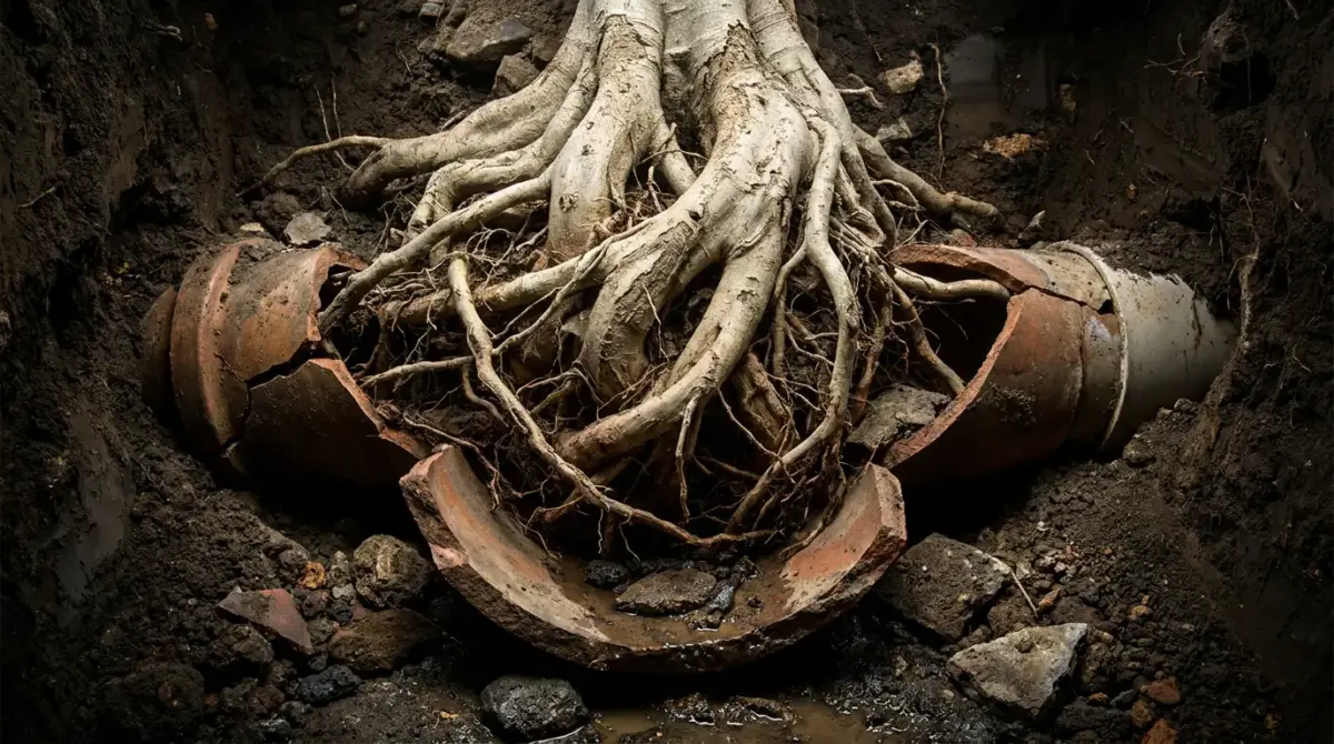 7 Signs Your Sewer Line Is About to Fail (and What Trenchless Replacement Costs in 2026) 2 tree roots sewer